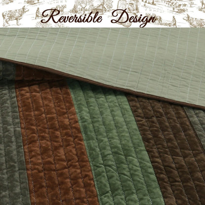 Cozy Line Rhett Brown Green Stripe Reversible Quilt Bedding Set