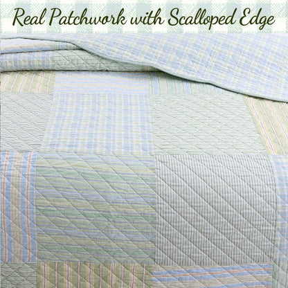 Cozy Line Square Patchwork Plaid Stripes Blue Green Cotton 3-Piece Reversible Quilt Bedding Set