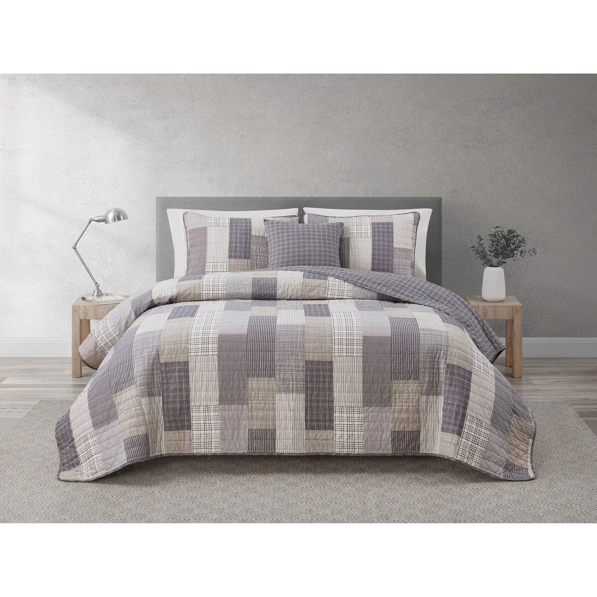 DESIGN STUDIO Lakeshore Plaid Grey Soft Cotton Reversible Quilt Set
