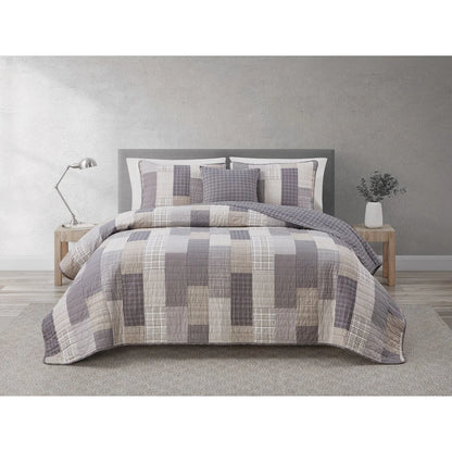 DESIGN STUDIO Lakeshore Plaid Grey Soft Cotton Reversible Quilt Set
