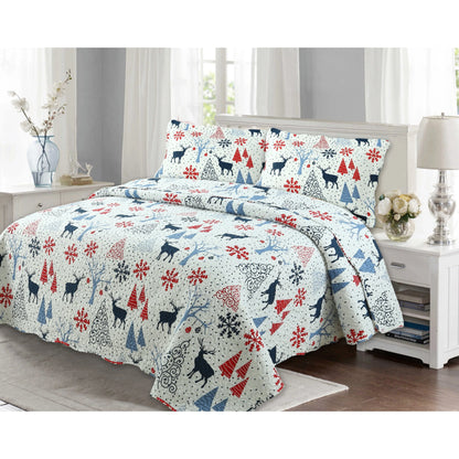 Printed Embossed Pinsonic Coverlet Bedspread Ultra Soft Bedspread Coverlet Christmas Quilt Set, Xmas Reindeer and Tree