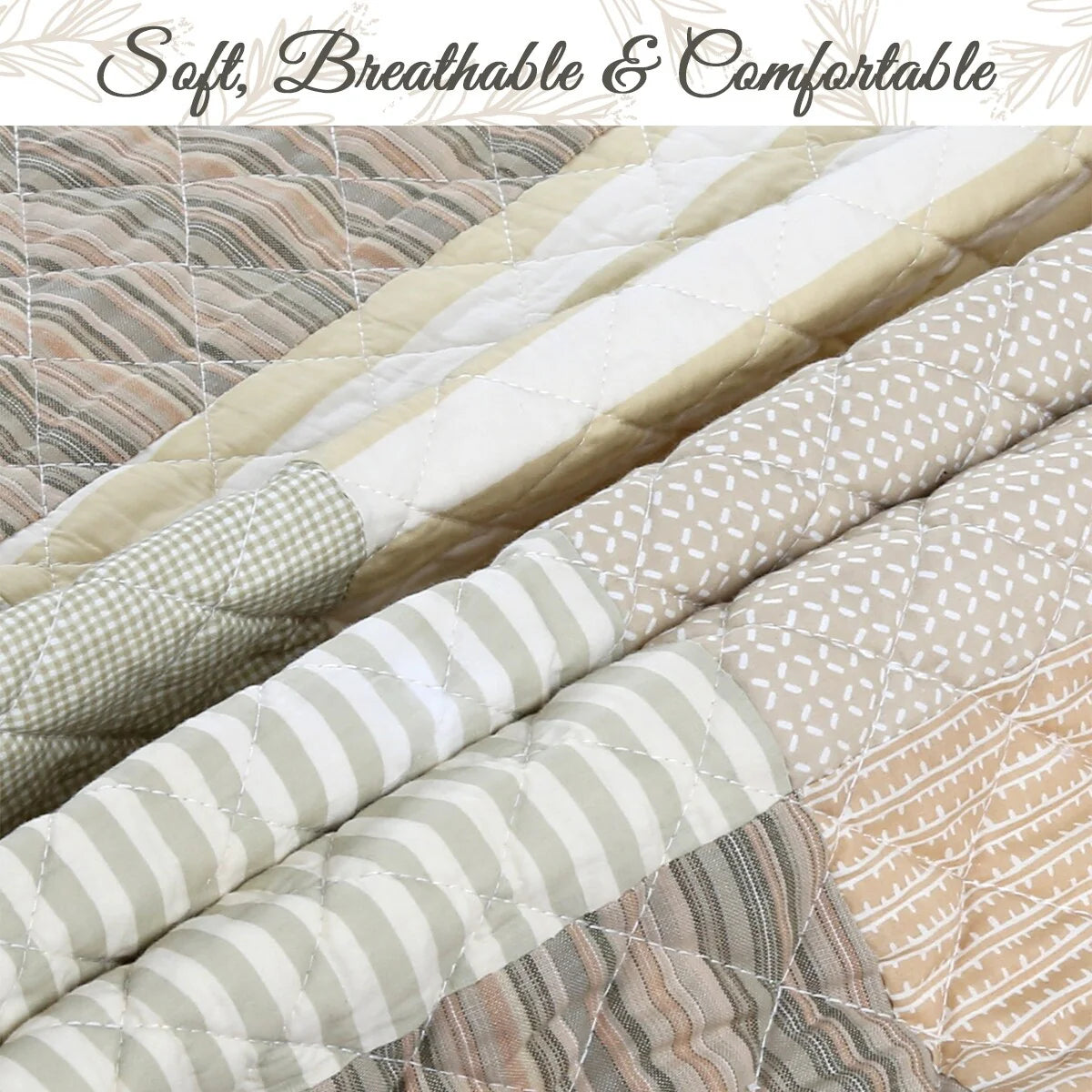 Cozy Line Stripe Checker Patchwork Cotton Reversible 3 Piece Quilt Bedding Set