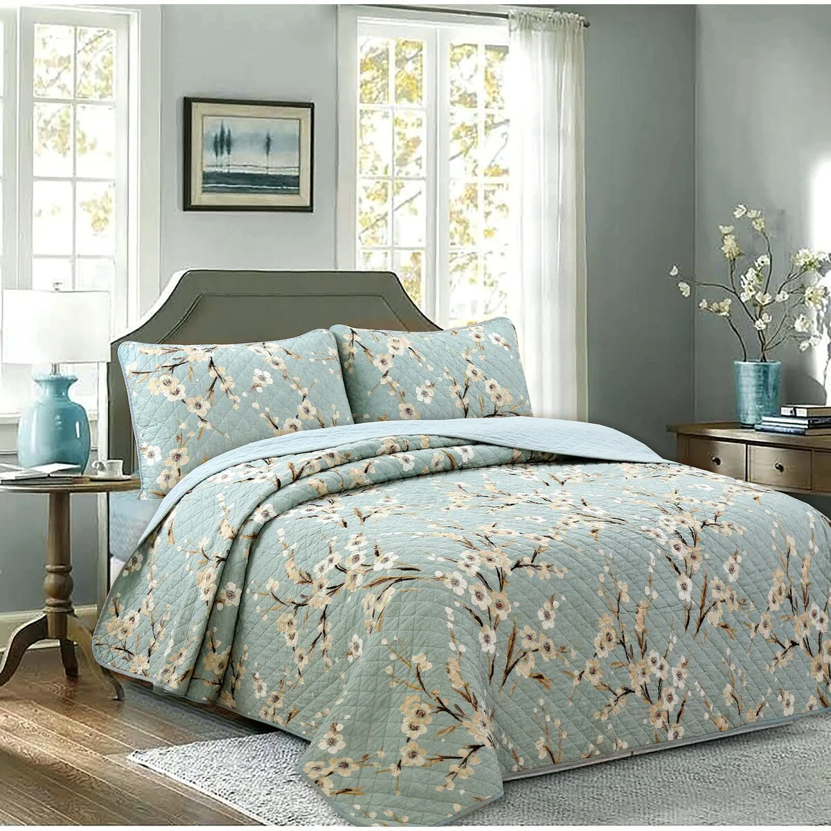 Cozy Line Cream Cherry Blossom Floral Cyan Blue Green Quilt Bedding Set