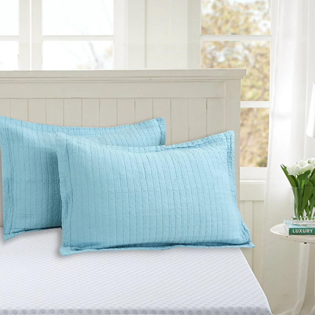 3 Pcs White Cotton Quilt Set Lightweight Bedspread Set Check