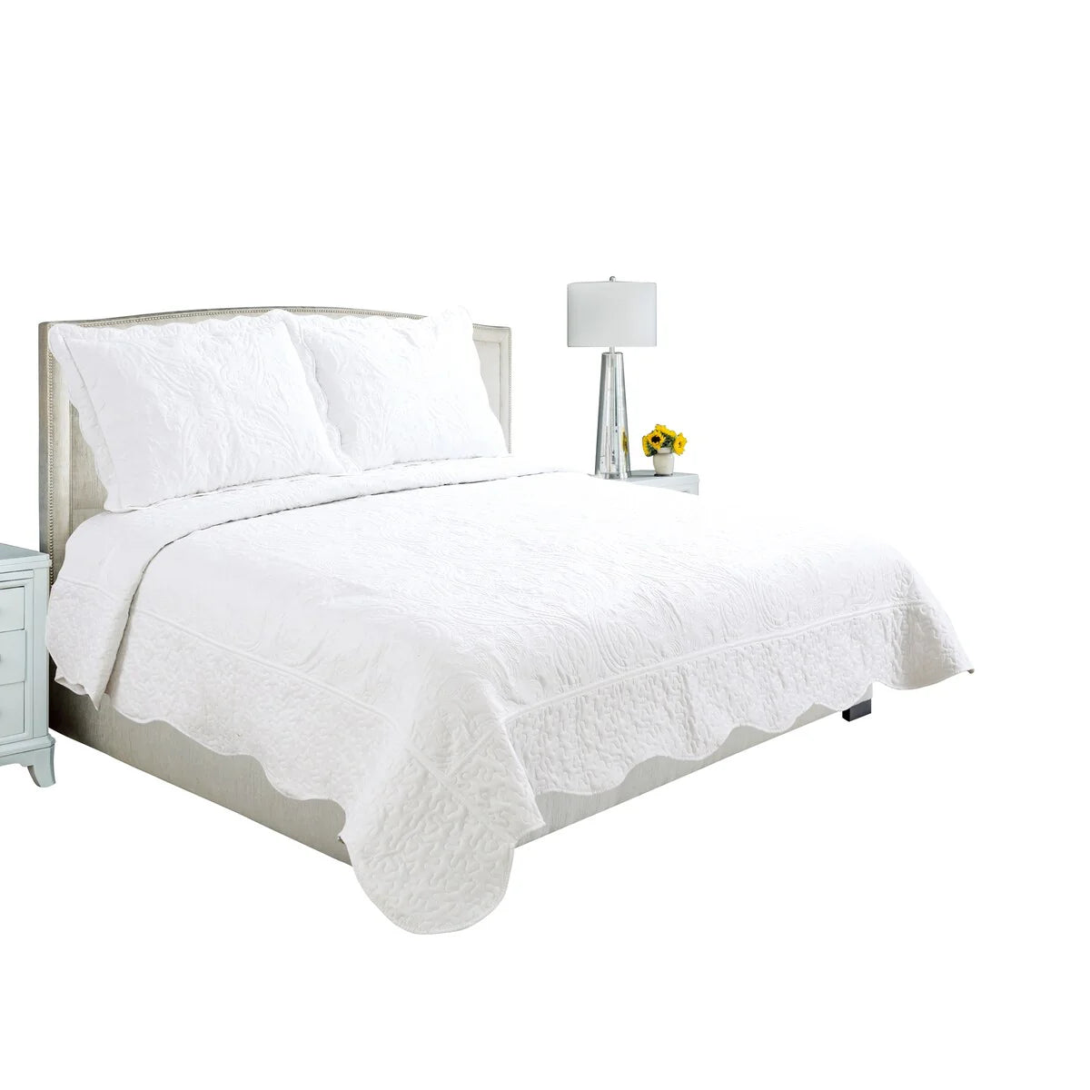 Marina Decoration Embroidered Stitching Coverlet Bedspread Ultra Soft Solid Summer Quilt Set, Floral Paisley
