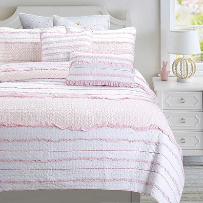 Cozy Line Pretty in Pink Girly Ruffle Pink Cotton Quilt Bedding Set with 2 Throw Pillows