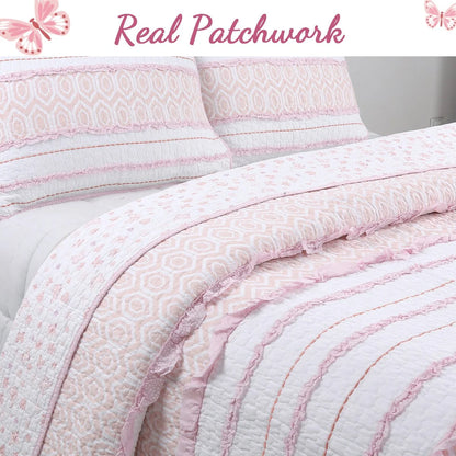 Cozy Line Pretty in Pink Girly Ruffle Pink Cotton Quilt Bedding Set with 2 Throw Pillows