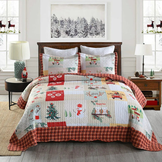 MarCielo Christmas Quilt Set King B022, 1 Quilt 2 Pillow Shams