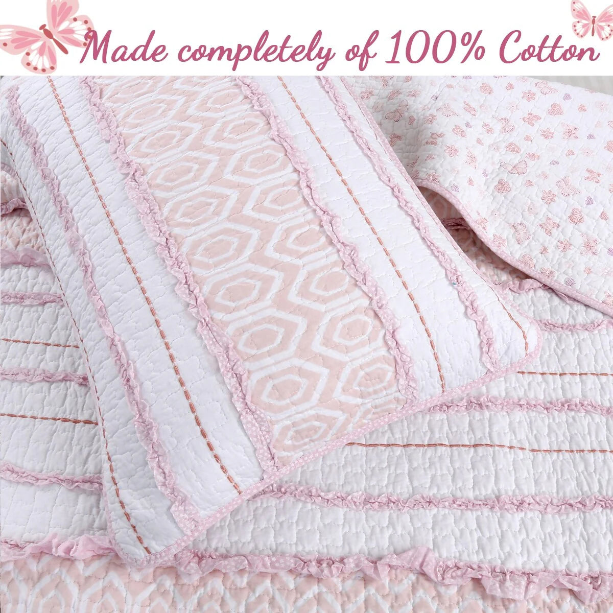 Cozy Line Pretty in Pink Girly Ruffle Pink Cotton Quilt Bedding Set with 2 Throw Pillows
