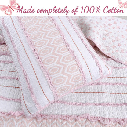 Cozy Line Pretty in Pink Girly Ruffle Pink Cotton Quilt Bedding Set with 2 Throw Pillows