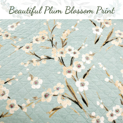 Cozy Line Cream Cherry Blossom Floral Cyan Blue Green Quilt Bedding Set