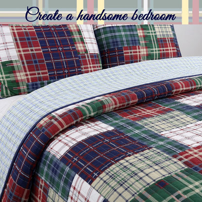 Cozy Line Nate Patchwork Reversible Cotton Quilt Bedding Set - Navy/Red/Green/White