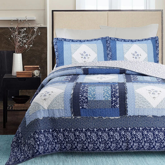 Cozy Line Freesia Blue Patchwork 3-piece Reversible Cotton Quilt Bedding Set