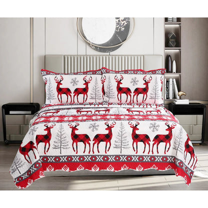 Printed Embossed Pinsonic Coverlet Bedspread Ultra Soft Bedspread Coverlet Christmas Quilt Set, Xmas Snowflake and Deer