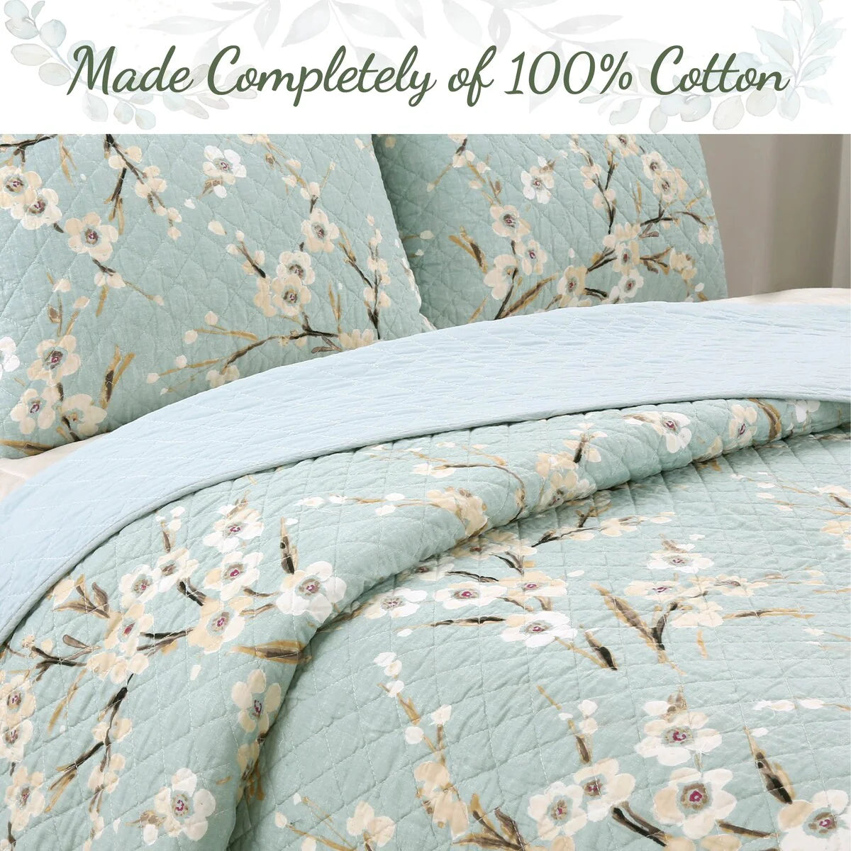 Cozy Line Cream Cherry Blossom Floral Cyan Blue Green Quilt Bedding Set