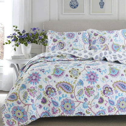 Cozy Line Lavender Purple Blue Floral Paisley 3-Piece Quilt Bedding Set