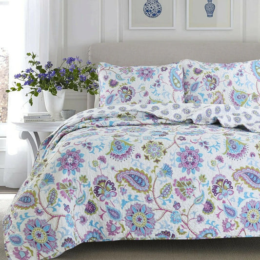Cozy Line Lavender Purple Blue Floral Paisley 3-Piece Quilt Bedding Set