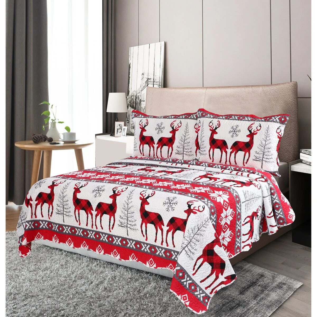 Printed Embossed Pinsonic Coverlet Bedspread Ultra Soft Bedspread Coverlet Christmas Quilt Set, Xmas Snowflake and Deer