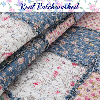 Cozy Line Aphrodite Patchwork Blue Floral 3 Piece Reversible Cotton Quilt Bedding Set
