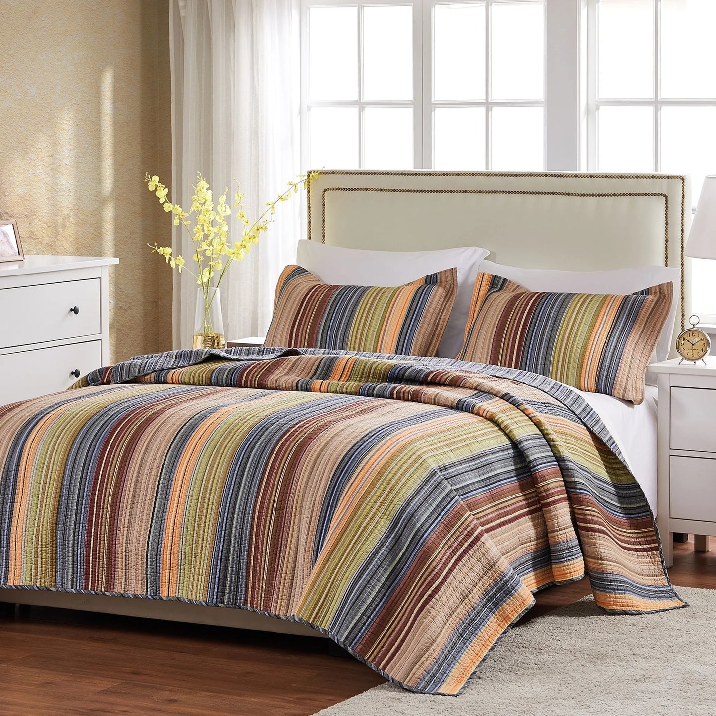 Greenland Home Fashions Katy 100% Cotton Reversible Stripes Quilt Set