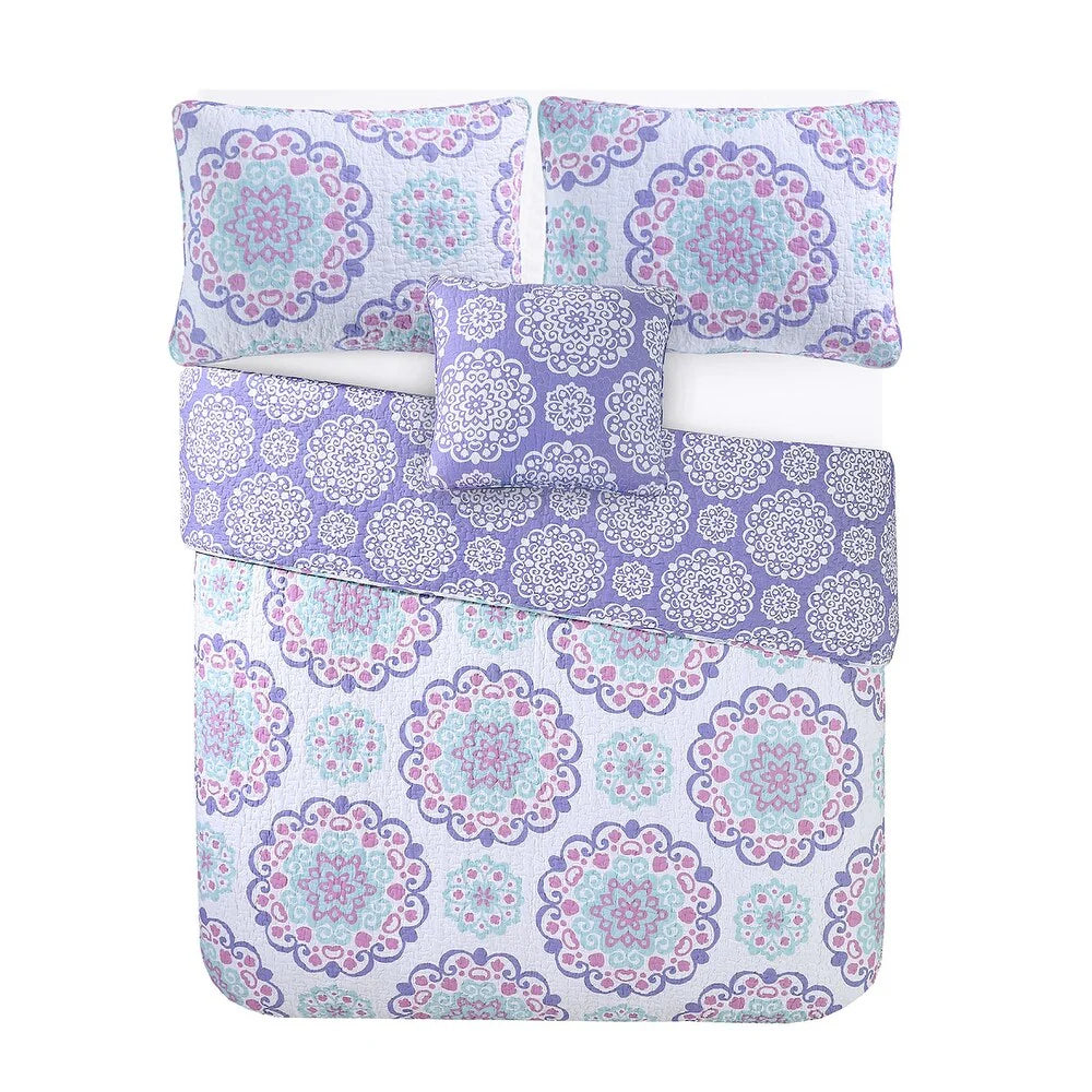 Vivian Lilac Medallion Cotton Reversible Quilt Set with Throw Pillow