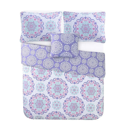 Vivian Lilac Medallion Cotton Reversible Quilt Set with Throw Pillow