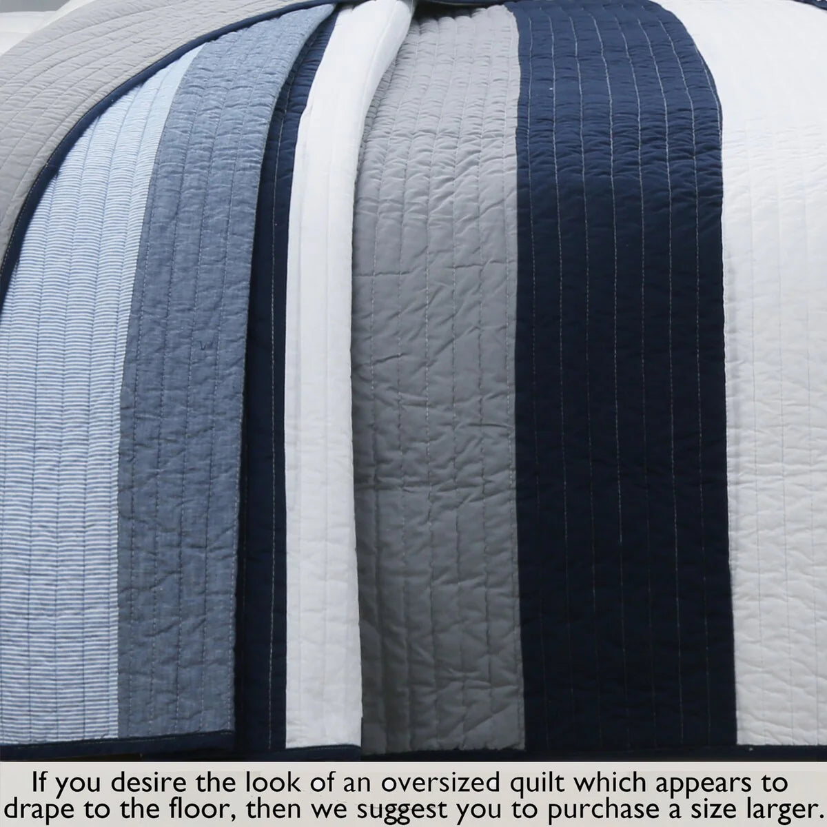 Cozy Line Tranquil Blue Gray Stripes Cotton Quilt Bedding Set